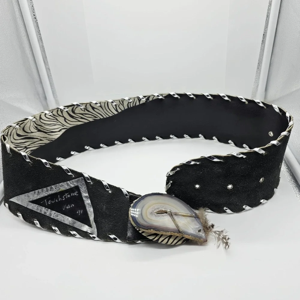 Handmade Leather Agate Geode Stone Belt Zebra Print Wearable Art 36 x 3.5